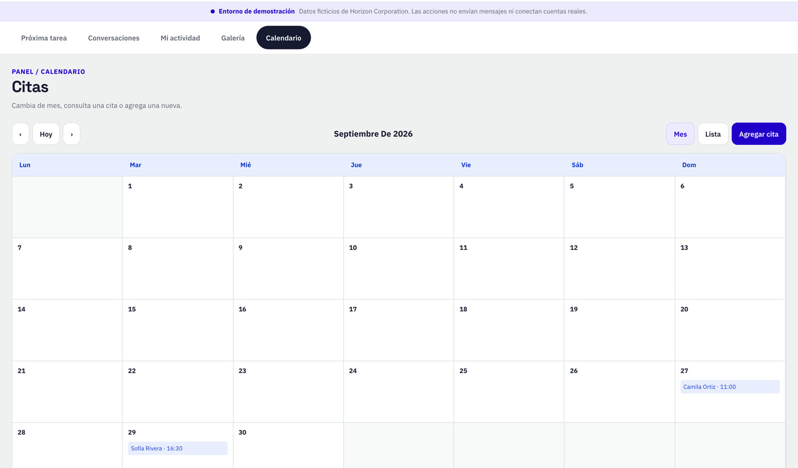 Calendario de citas del mes