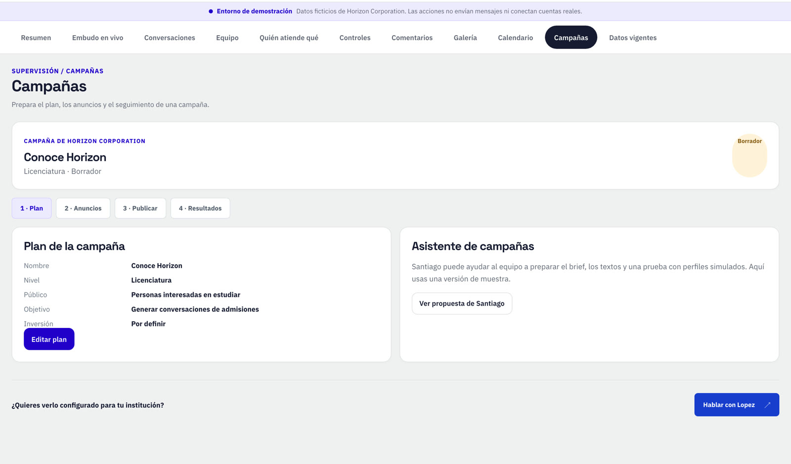 Plan de una campaña en el panel