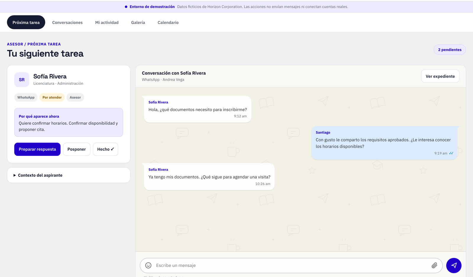 Próxima tarea del asesor con la conversación al lado